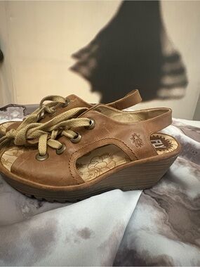 Fly London: Brown Leather Wedge Sandal peep toe tie up